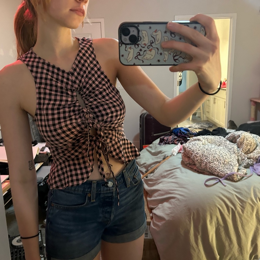 Topshop Brown and White Ruched Tie Front Crop Tank Top
